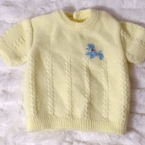 Vintage Renzo Baby Sweater - Yellow - Button Back Detail- Blue Poodle Detail